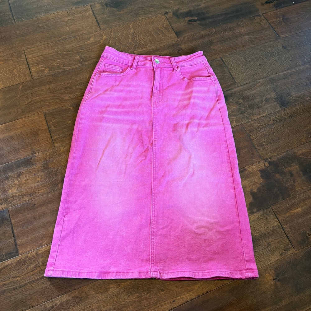 Pink Denim Midi Skirt High Waisted Back Slit Size S Acid Wash Hot Pink Festival